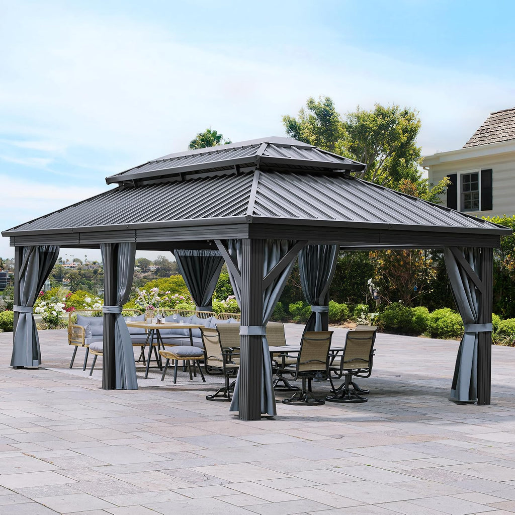 YITAHOME 12X18FT Hardtop Gazebo Double Roof Canopy Galvanized Iron 4.7X4.7'' Aluminum Pillar Garden Tent Curtains Netting for Patios Backyards Decks Lawns