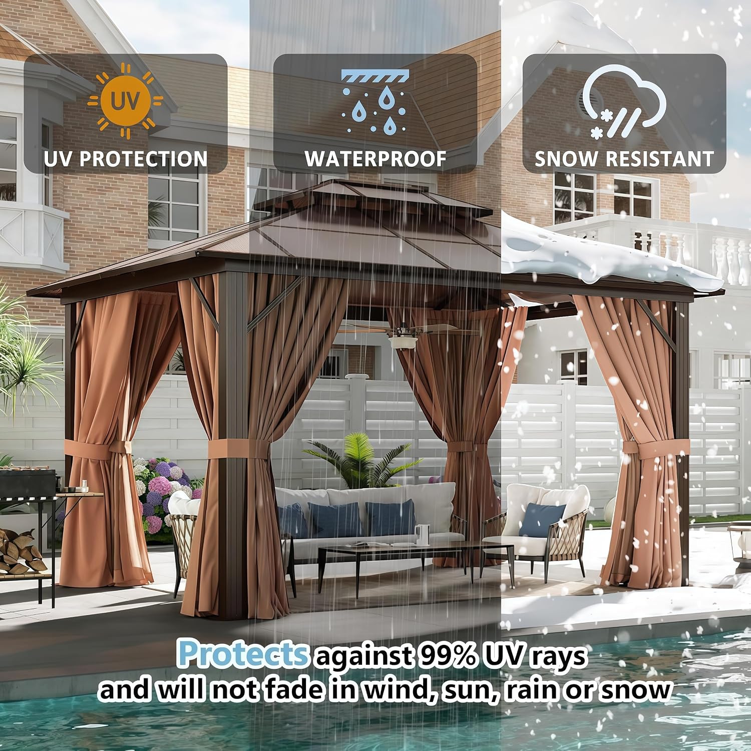 Aoxun 10' x 12' Outdoor Hardtop Gazebo Premium Polycarbonate Double - Roof Structure with Aluminum Frame, Complete with Privacy Curtains & Mosquito Netting for Backyard, Patio, Deck Parties (Brown)