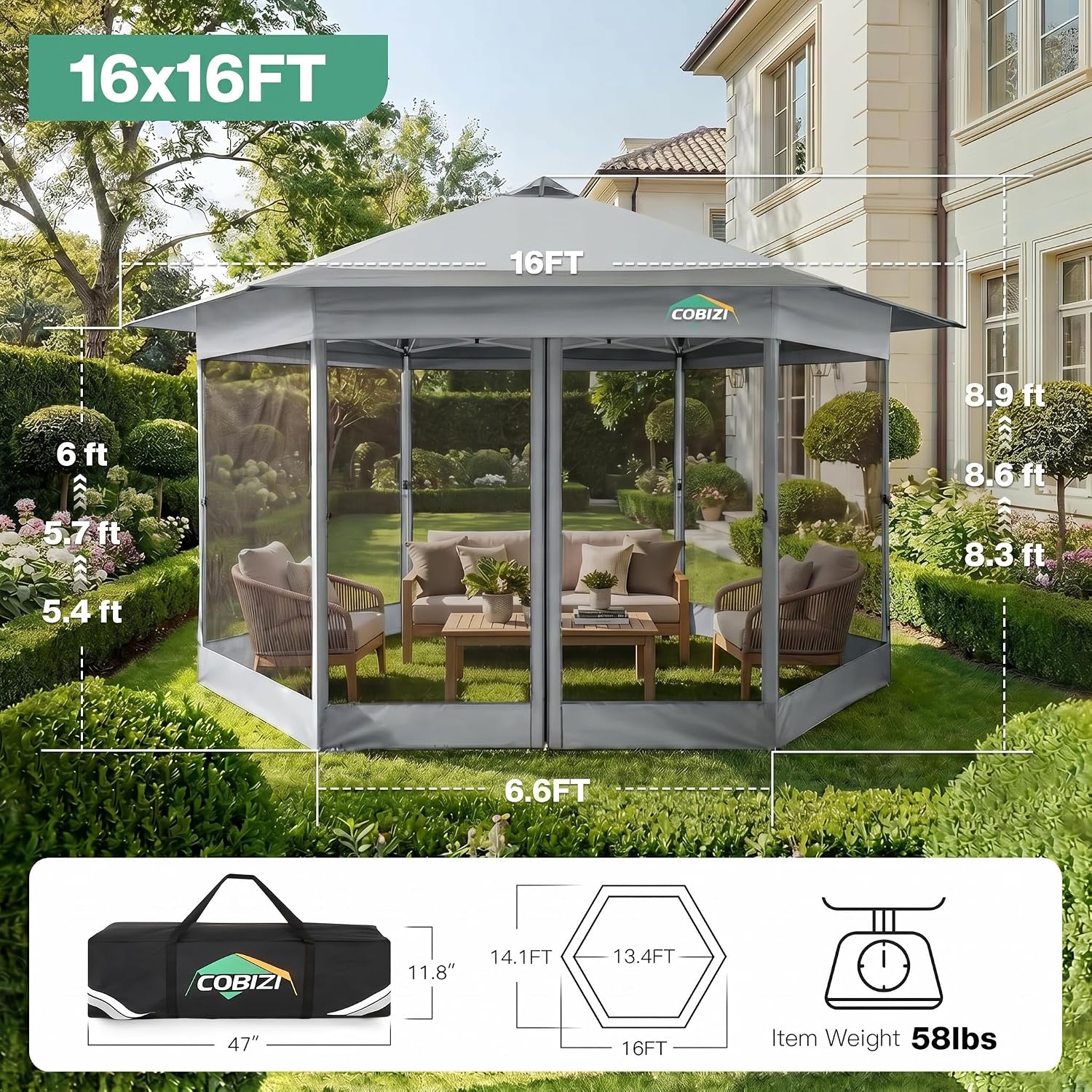 COBIZI 16x16 Pop up Gazebo, Hexagonal Outdoor Canopy Tent with Mosquito Netting, Portable 6-Sided Gazebo Tent, Waterproof, UV Resistant Height for Backyard, Gardens, Patio（Gray）
