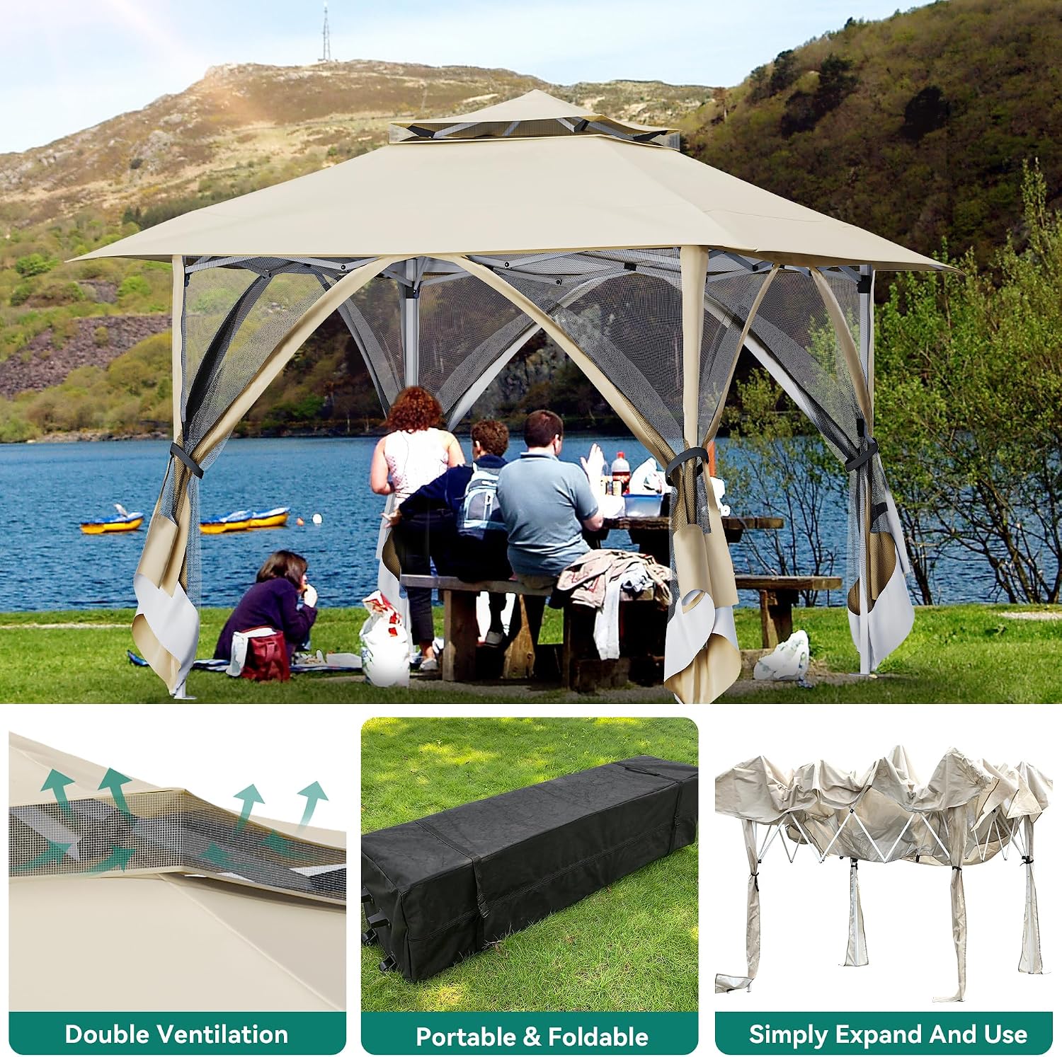 YITAHOME 12x12ft Patio Gazebo Double Roof Pop Up Canopy Outdoor Portable Instant Tent with Netting for Lawn, Garden, Backyard and Deck, Beige