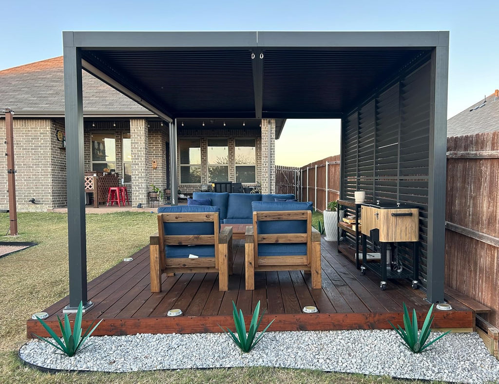 PURPLE LEAF Louvered Pergola 94AS 12' x 14' Outdoor Aluminum Pergola with Fixed Shutter Wall Adjustable Roof for Deck Backyard Grey Hardtop Gazebo, 1 Long Side
