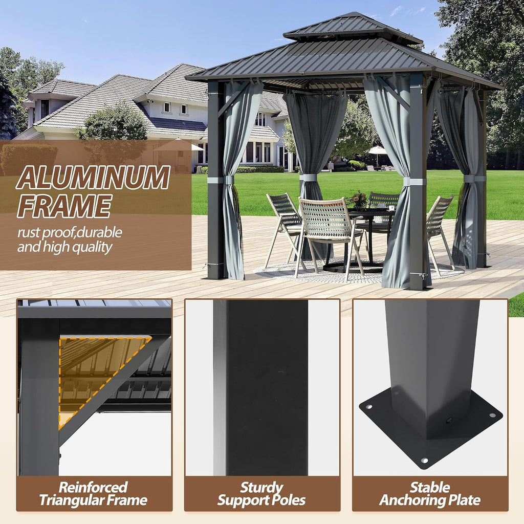 8.5' x 8.5' Hardtop Gazebo, Galvanized Steel Double Roof Gazebo with Nettings and Curtain Outdoor Aluminum Frame Vertical Stripes Roof Gazebos for Patio, Backyard, Lawn