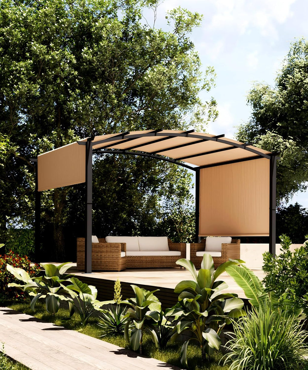 GarveeLife 12 x 9 ft Outdoor Arched Pergola, Metal Pergola with Retractable Canopy, Arched Style Gazebos for Backyards, Lawn, Patios (Khaki)