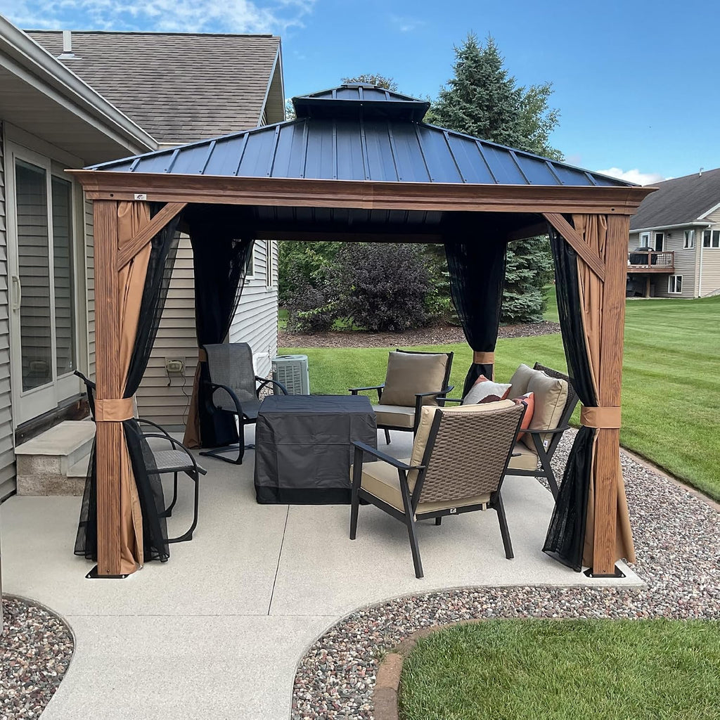 PURPLE LEAF 10' X 12' Outdoor Hardtop Gazebo for Patio Galvanized Steel Double Roof Permanent Canopy Teak Finish Coated Aluminum Frame Pavilion Gazebo with Netting and Curtains