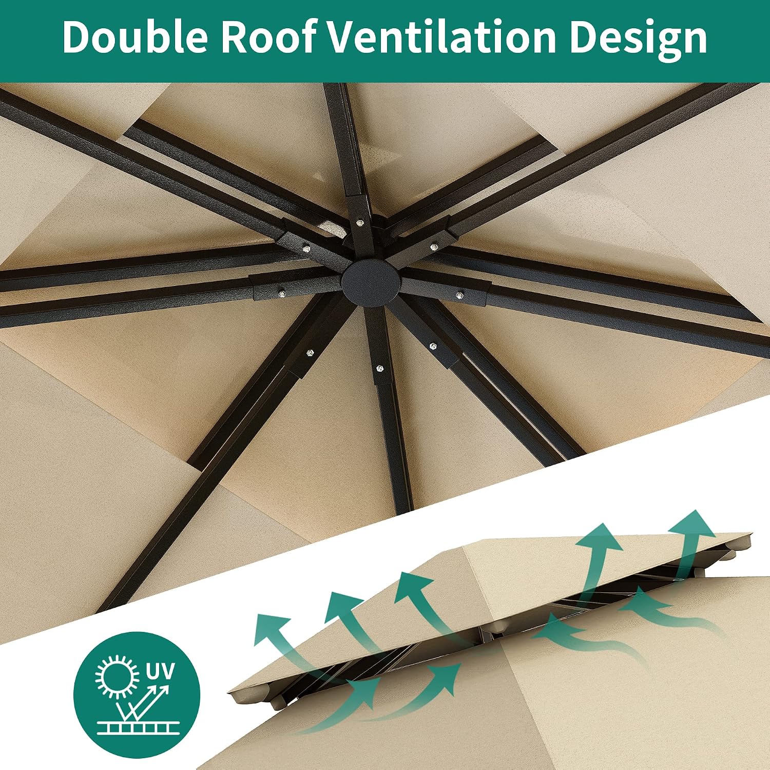 YITAHOME 10x12ft Gazebo for Patios Outdoor Double Roof Canopy Gazebo with Netting & Curtains, Soft Fabric Top Garden Winds Tent with Steel Frame for Lawn, Garden, Backyard and Deck (Khaki)
