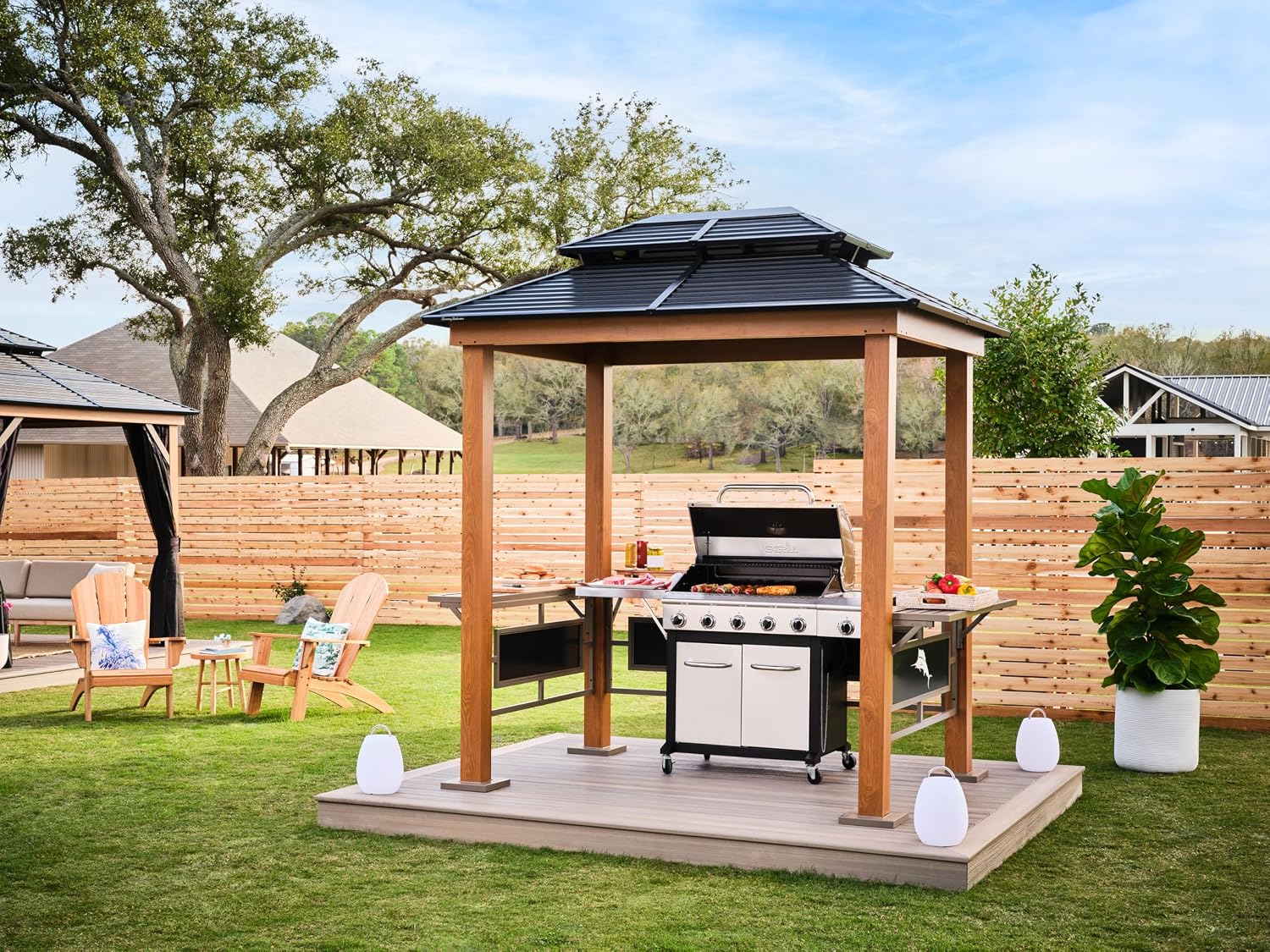 Tommy Bahama Edition BBQ Maui 6' x 8' Outdoor Hardtop Grill Gazebo for Backyard or Patio, Heavy-Duty Galvanized Steel Double Roof Gazebo, Wood Grain Finish
