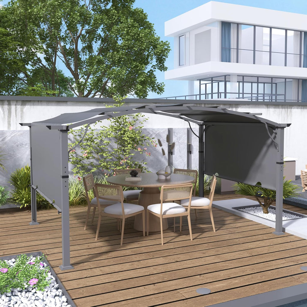 10' x13' Arched Outdoor Pergola for Deck, Outdoor Retractable Pergola with Canopy and Hardware, Small Aluminum Frame with Canopy Fixed in Various Positions (Grey)