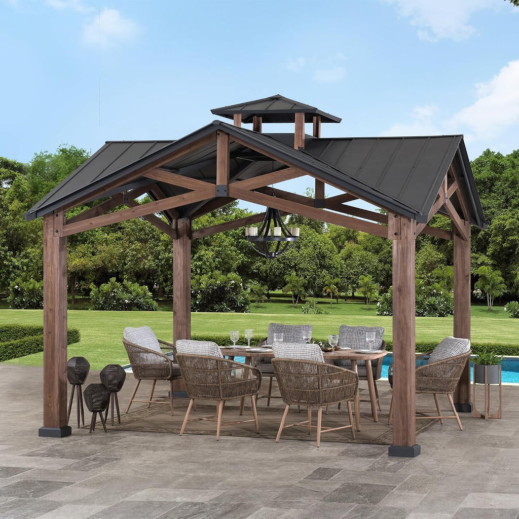 Sunjoy 12.5 x 12.5 ft. Hardtop Gazebo Outdoor Cedar Frame Wood Gazebo with Steel 2-Tier Hardtop Roof and Ceiling Hook, Black by SummerCove