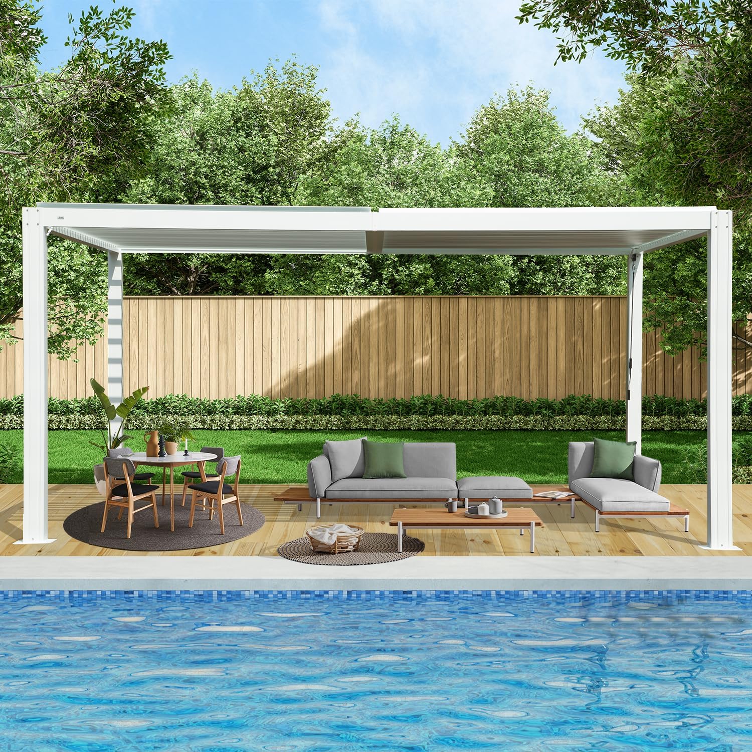 Domi Louvered Pergola 10×16 FT, Outdoor Aluminum Pergola with Adjustable Rainproof Roof and Drainage System, Metal Pergola Gazebo for Patio, Deck, Backyard, White