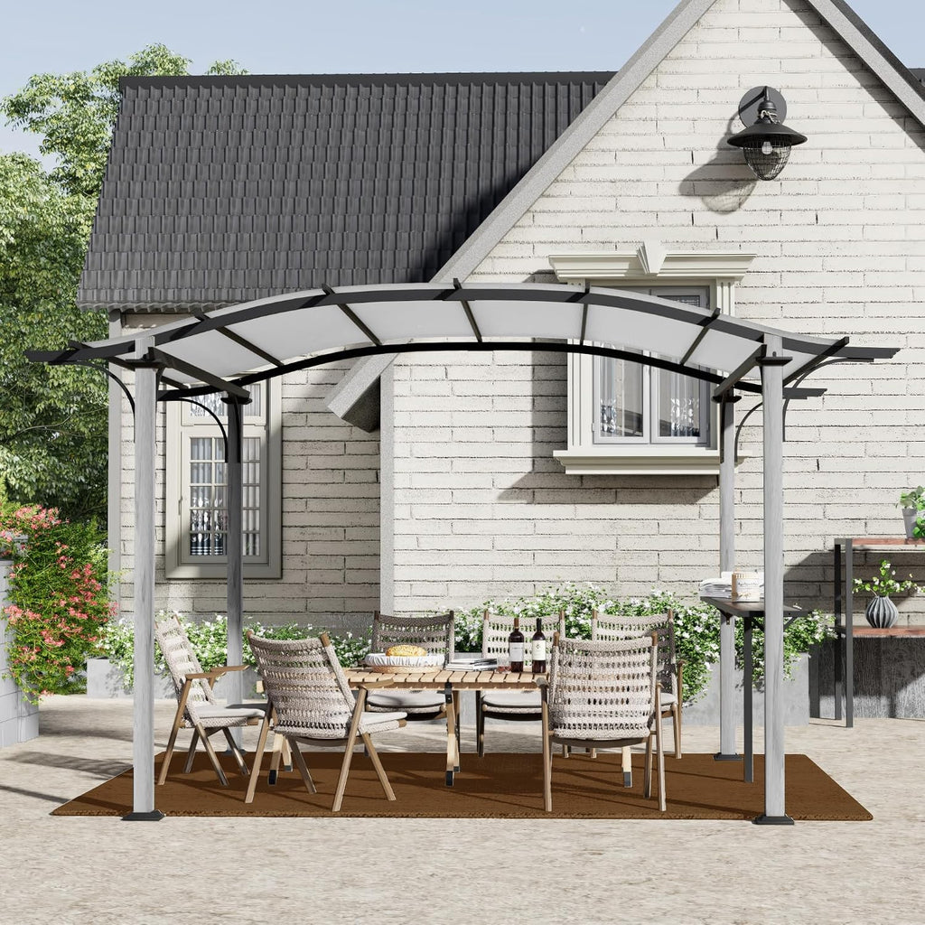 HAPPATIO 10' x 13' Arched Top Outdoor Pergola, Aluminum Frame Canopy with Bar Counter, Natural Wood-Like Frame Patio Pergola Shade for Patio, Backyard, Garden, Grey