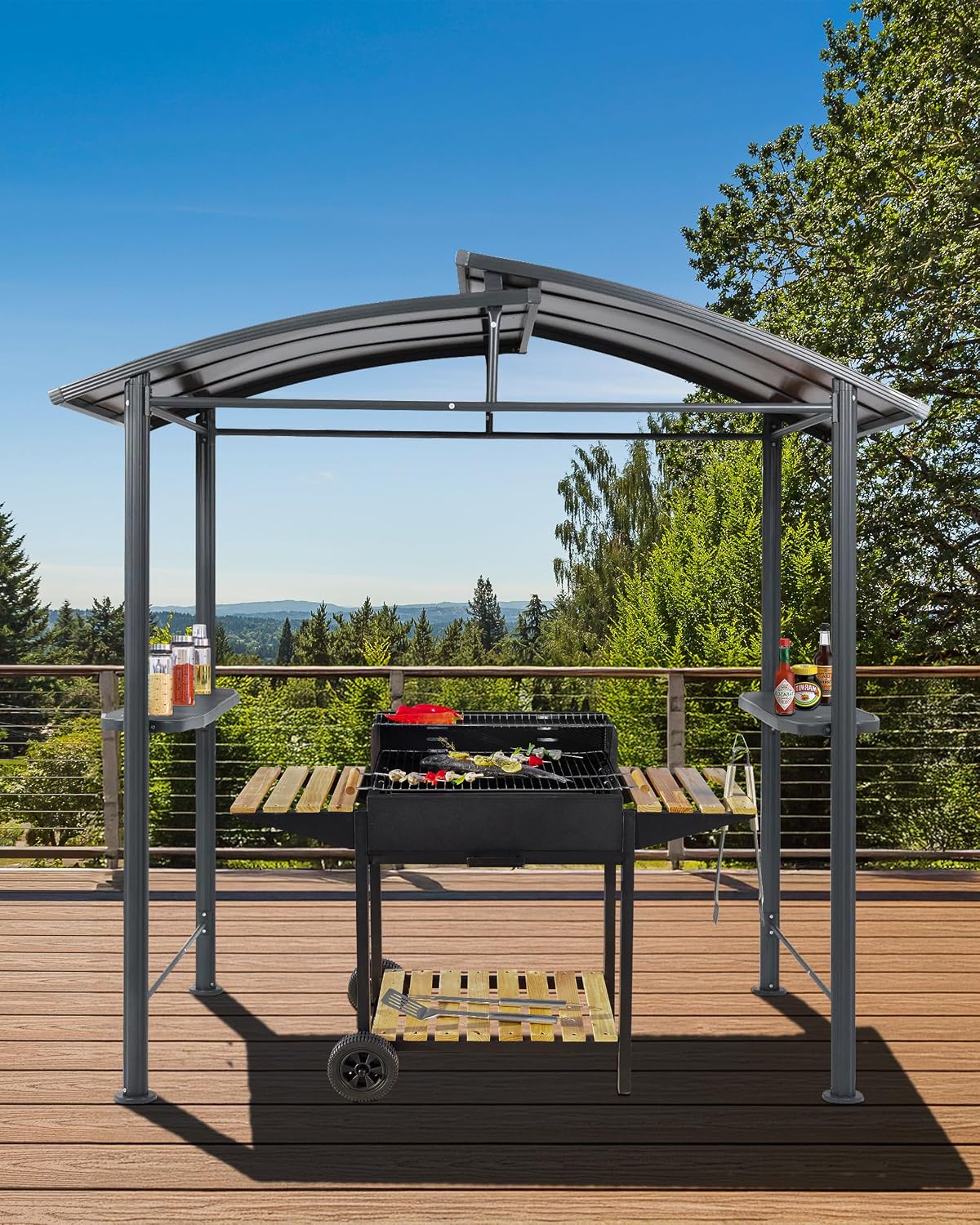 BPS 8x5 FT BBQ Grill Gazebo with Double-Tier Polycarbonate Roof, Steel Frame & Side Shelves, for Outdoor, Patio, Backyard