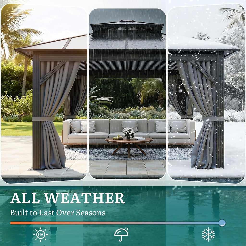 YITAHOME 10x10FT Gazebo Polycarbonate Hardtop Double Roof Canopy Outdoor with Netting and Shaded Curtains, Metal Frame Garden Tent for Patio, Backyard, Deck and Lawns, Grey