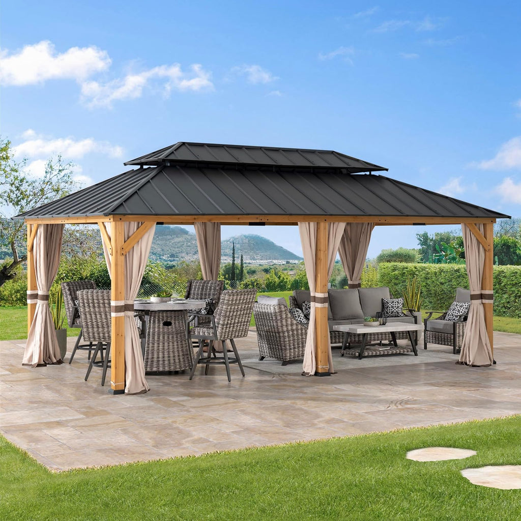 SUNJOY 12x20 Hardtop Wood Gazebo with Galvanized Steel Roof and Curtains, Outdoor Permanent Pavilion Cedar Gazebo for Backyard, Garden, Patio, Deck, Lawn