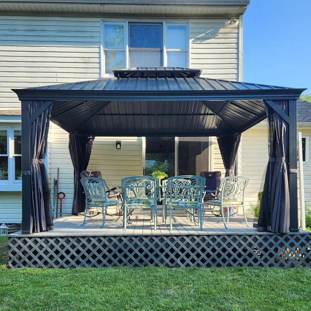 Domi 12' X 14' Hardtop Gazebo Permanent Aluminum Outdoor Gazebo with Galvanized Steel Double Roof, Drainage Gutters, Curtains, and Netting for Party, Wedding, Dining