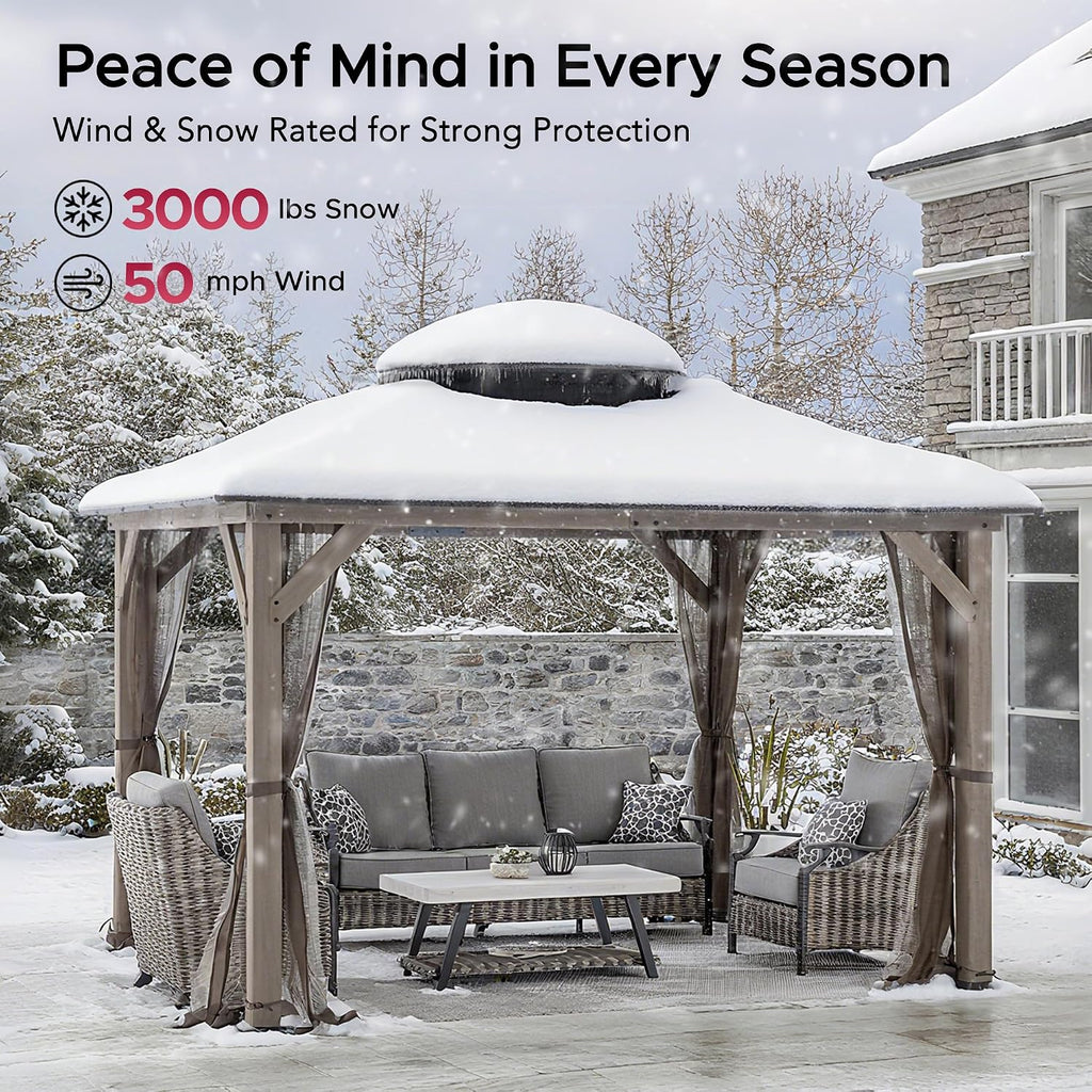 SUNJOY 10x12 Hardtop Wood Gazebo with Galvanized Steel Roof, LED String Lights & Mosquito Netting, Outdoor Permanent Pavilion Cedar Gazebo for Backyard, Garden, Patio, Deck, Lawn