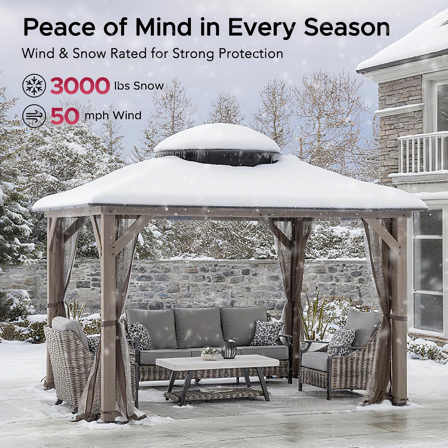 SUNJOY 10x12 Hardtop Wood Gazebo with Galvanized Steel Roof, LED String Lights & Mosquito Netting, Outdoor Permanent Pavilion Cedar Gazebo for Backyard, Garden, Patio, Deck, Lawn