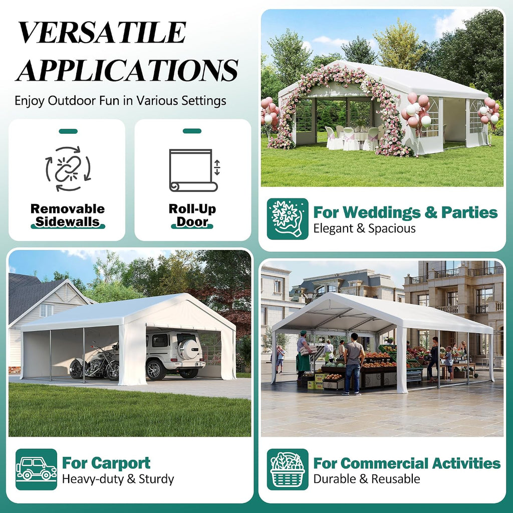 GARTOO 20' x 20' Canopy Party Tent & Carport - Heavy Duty Outdoor Wedding Gazebo with 4 Sand Bags, Event Shelter Canopy for Outdoor Event, Wedding, Birthday Party