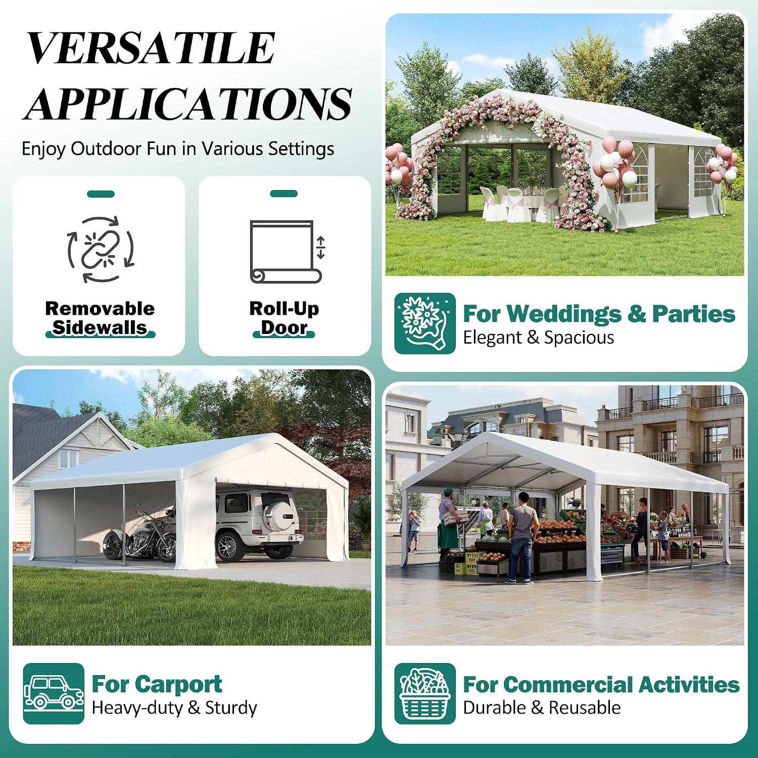 GARTOO 20' x 20' Canopy Party Tent & Carport - Heavy Duty Outdoor Wedding Gazebo with 4 Sand Bags, Event Shelter Canopy for Outdoor Event, Wedding, Birthday Party