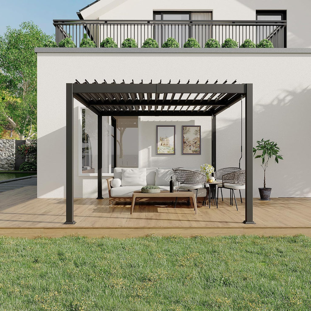 GarveeLife Pergola With Independent Adjustable Rainproof Roof, Louvered Pergola 10x12 for Deck Garden Backyard, Outdoor Aluminum Pergolas With Adjustable Top