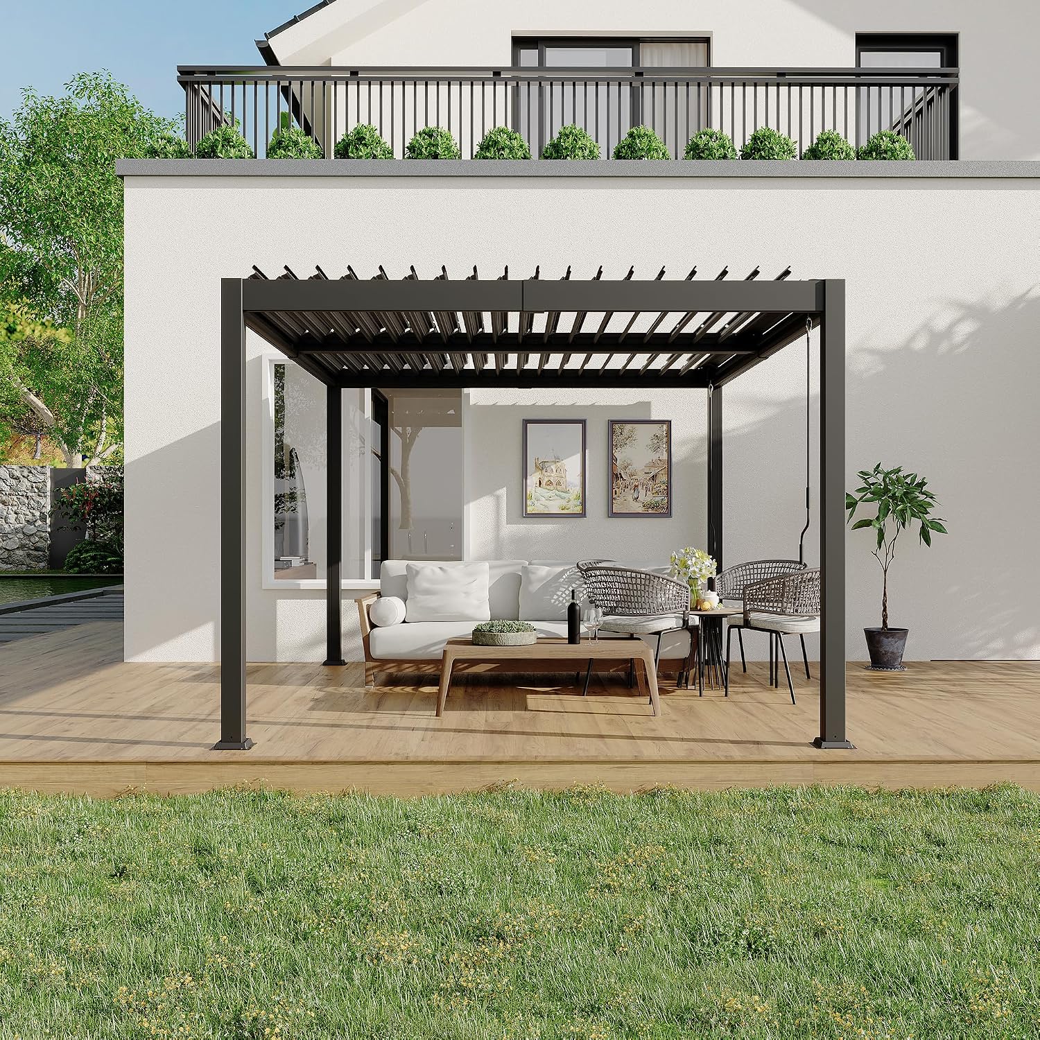 GarveeLife Pergola With Independent Adjustable Rainproof Roof, Louvered Pergola 10x12 for Deck Garden Backyard, Outdoor Aluminum Pergolas With Adjustable Top