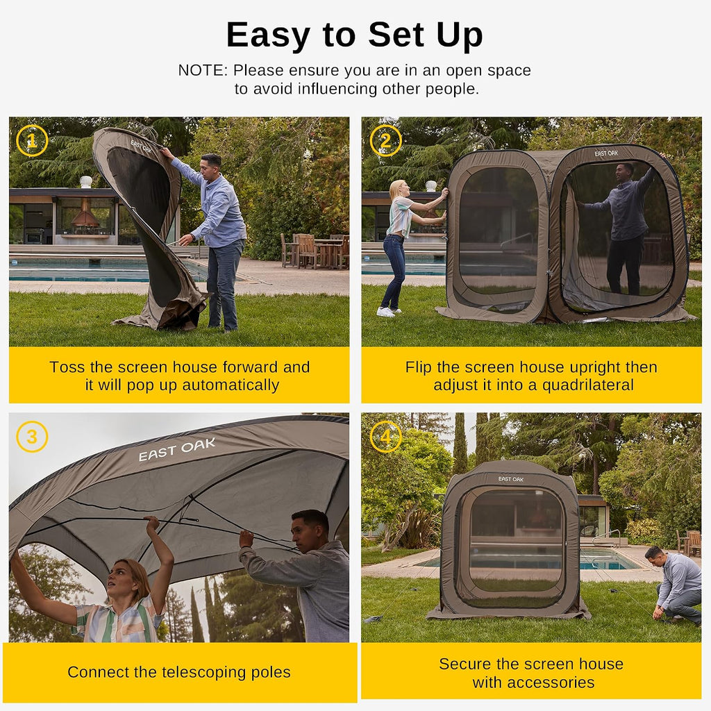 East Oak Screen House Tent Pop-Up, Portable Screen Room Canopy Instant Screen Tent 6 x 6 FT with Carry Bag for Patio, Backyard, Deck & Outdoor Activities, Beige