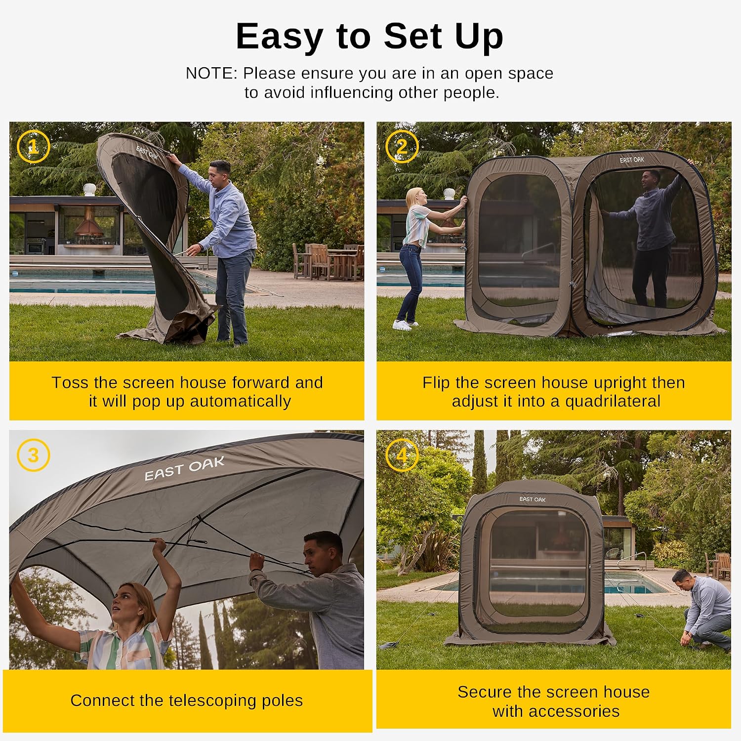 East Oak Screen House Tent Pop-Up, Portable Screen Room Canopy Instant Screen Tent 6 x 6 FT with Carry Bag for Patio, Backyard, Deck & Outdoor Activities, Beige