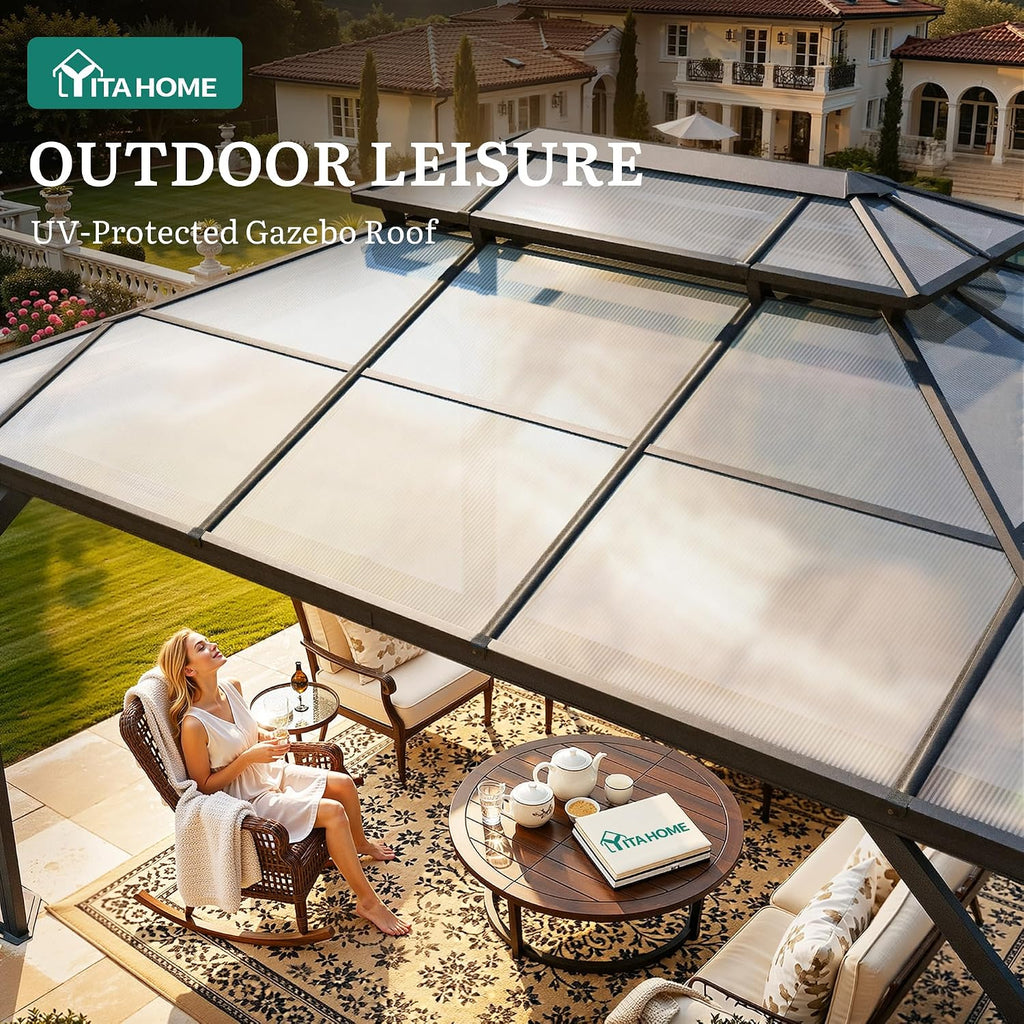 YITAHOME 10X12FT Polycarbonate Gazebo Outdoor Patio Double Top Canopy Galvanized Iron Garden Tent Curtains Netting for Backyards Decks Lawns,Gray