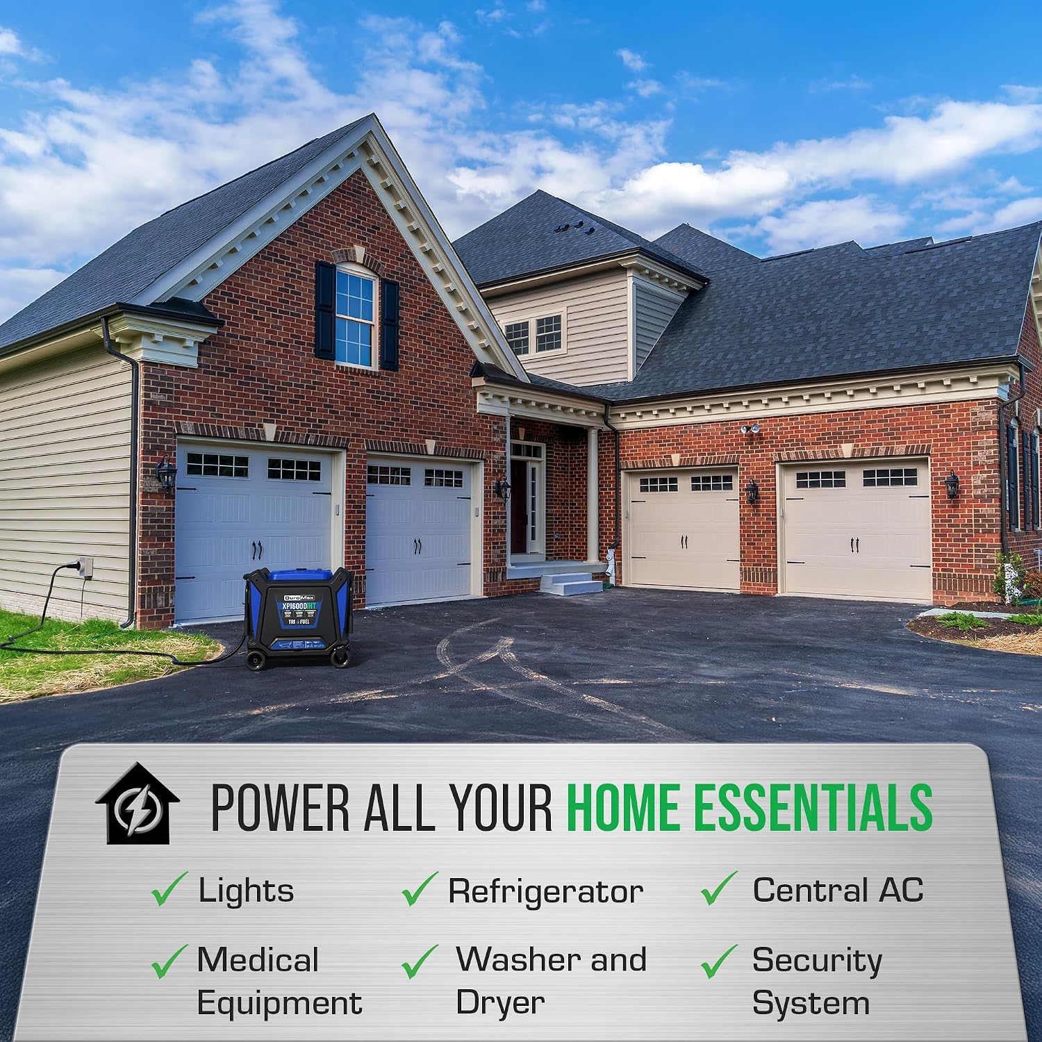 DuroMax XP16000iHT 16,000-Watt Tri Fuel Portable Digital Inverter Generator - Gas, Propane & Natural Gas, Remote Electric Start, Whole Home Power Backup, Transfer Switch Ready, RV & Emergency Ready