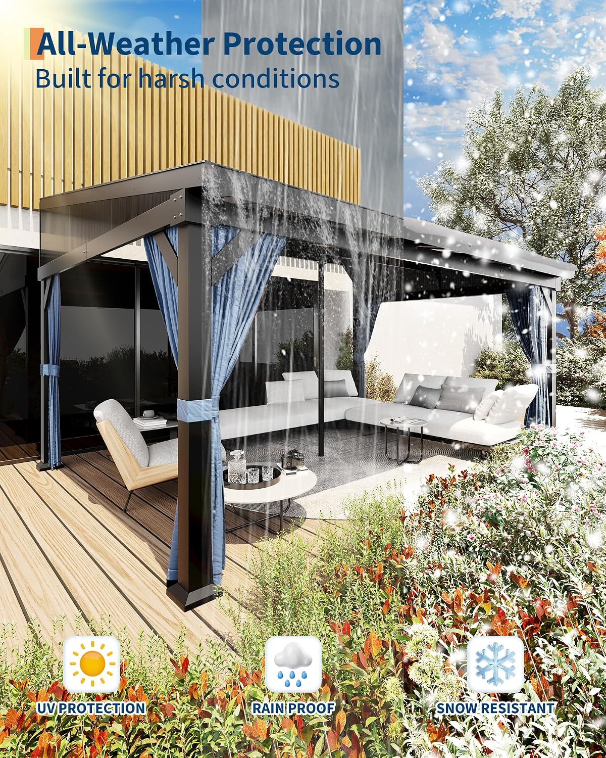 10'x14' Wall-Mounted Lean-to Gazebo with Galvanized Steel Roof, Gutters & Sliding Netting/Curtains – Hardtop Metal Pergola Canopy for Patio, Backyard, Garden, or Carport – Weather-Resistant & Durable