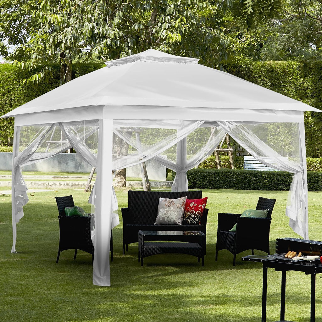 11x11 Pop Up Camping Shelters Tent, Outdoor Tent with Netting, Outdoor Shelters for Backyard, Screen House with Wheeled Cover Bag, White.