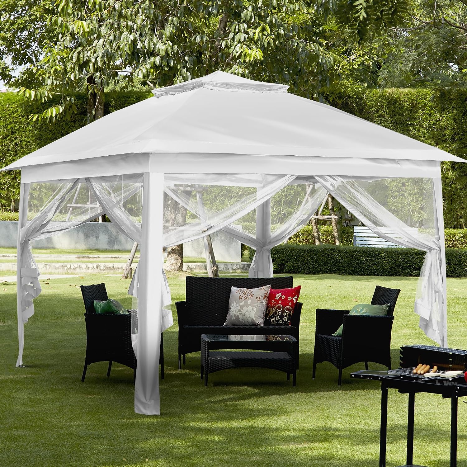 11x11 Pop Up Camping Shelters Tent, Outdoor Tent with Netting, Outdoor Shelters for Backyard, Screen House with Wheeled Cover Bag, White.