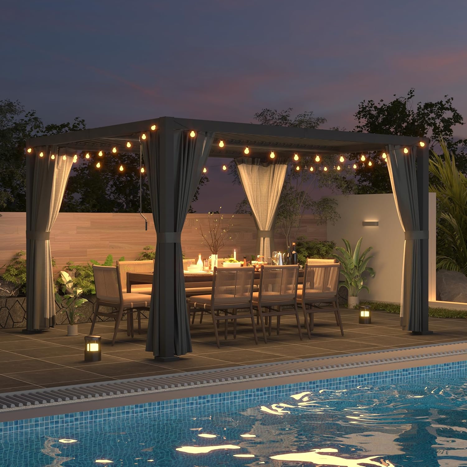 10'×12' Outdoor Louvered Pergola, Aluminum Outdoor Louvered Pergola Patio with Adjustable Roof for Outdoor Deck, Backyard, Garden (10x12FT with Curtain)
