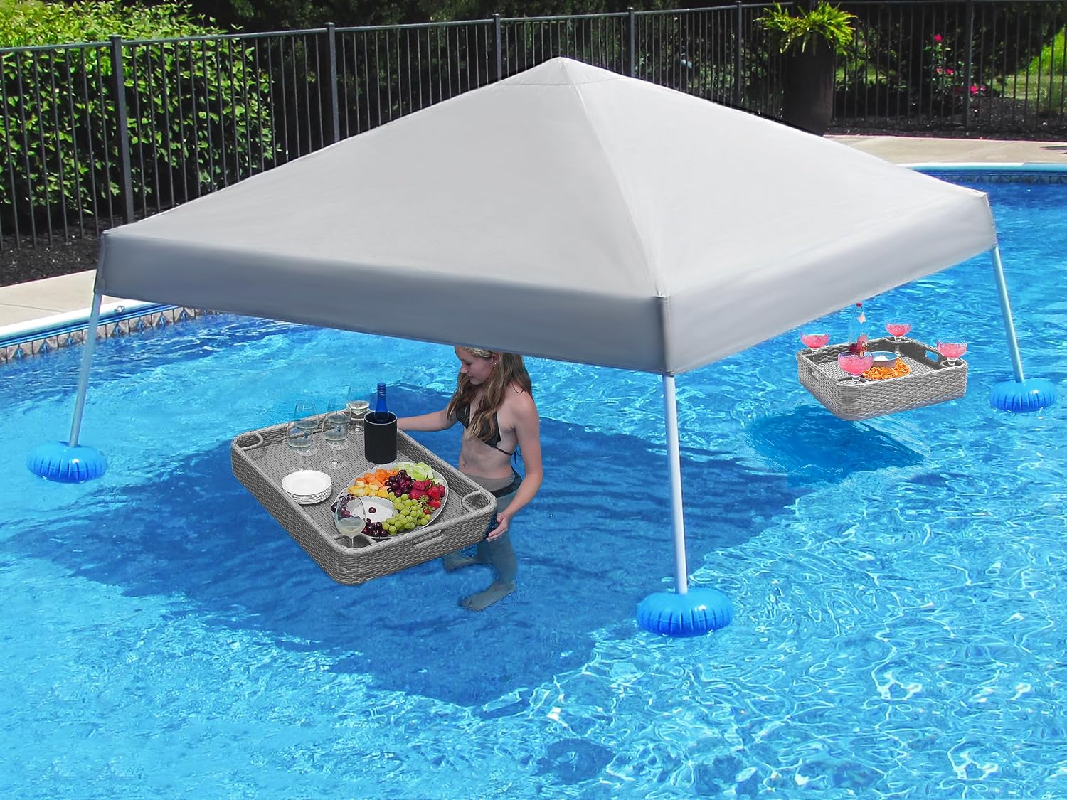 SUNJOY Floating Pool Canopy with Add-on Wicker Floating Tray 24x24 in & 36x24 in,Grey