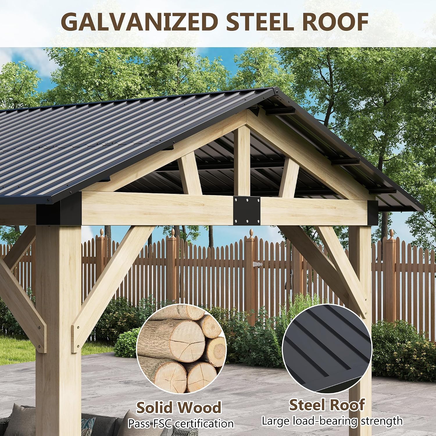 12'x14' Wood Gazebo, Outdoor Hardtop Gazebo, Cedar Frame Wooden Gazebos with Waterproof Steel Roof, Fit Patio, Backyard, Garden, Lawns, Porch