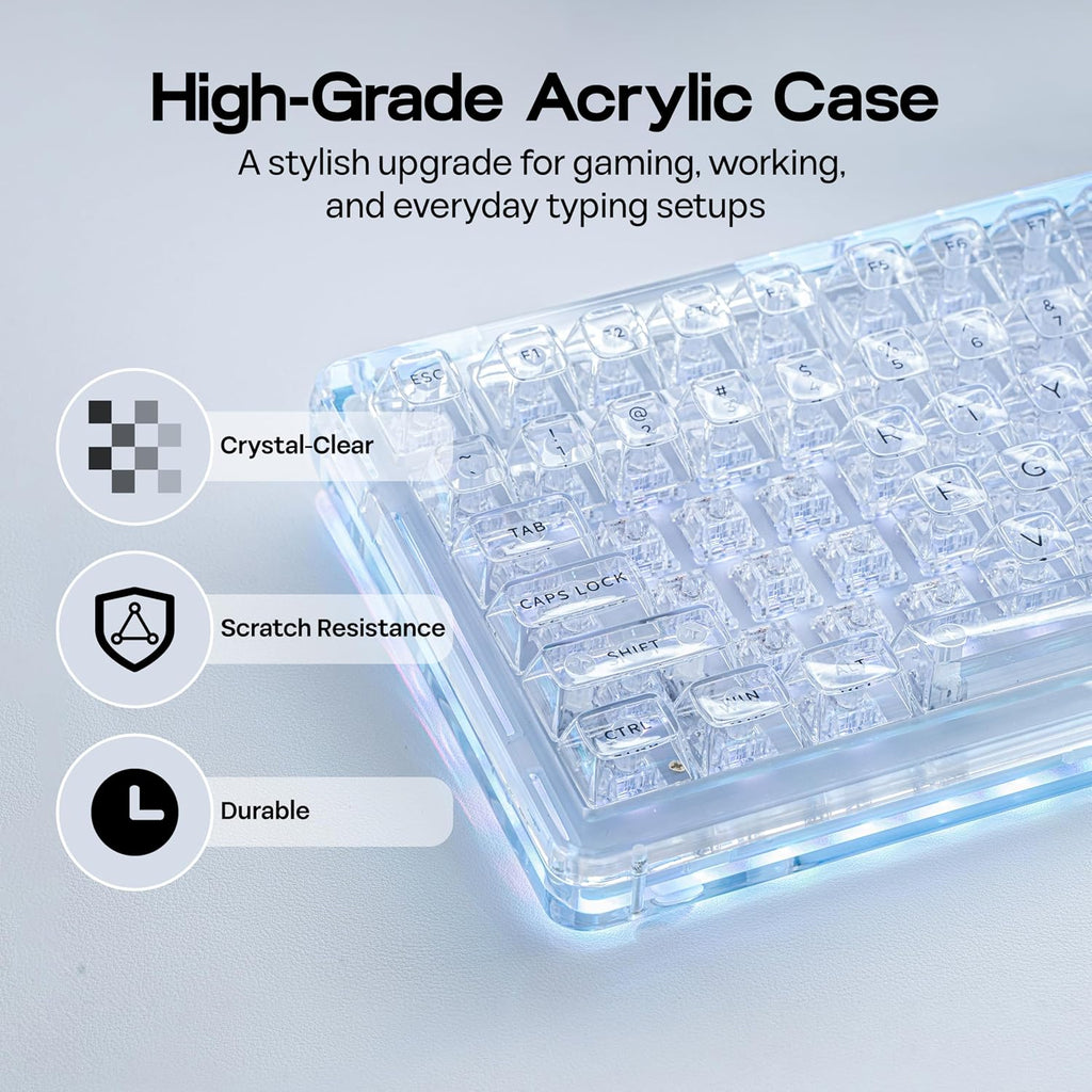 KiiBoom Phantom 98 Crystal Mechanical Gaming Keyboard, Transparent Keyboard with RGB Backlits, Hot-Swappable, Shine Through Clear Keycaps, 3 Modes Wireless, 8000mAh Battery, NKRO for Win/Mac (Clear)