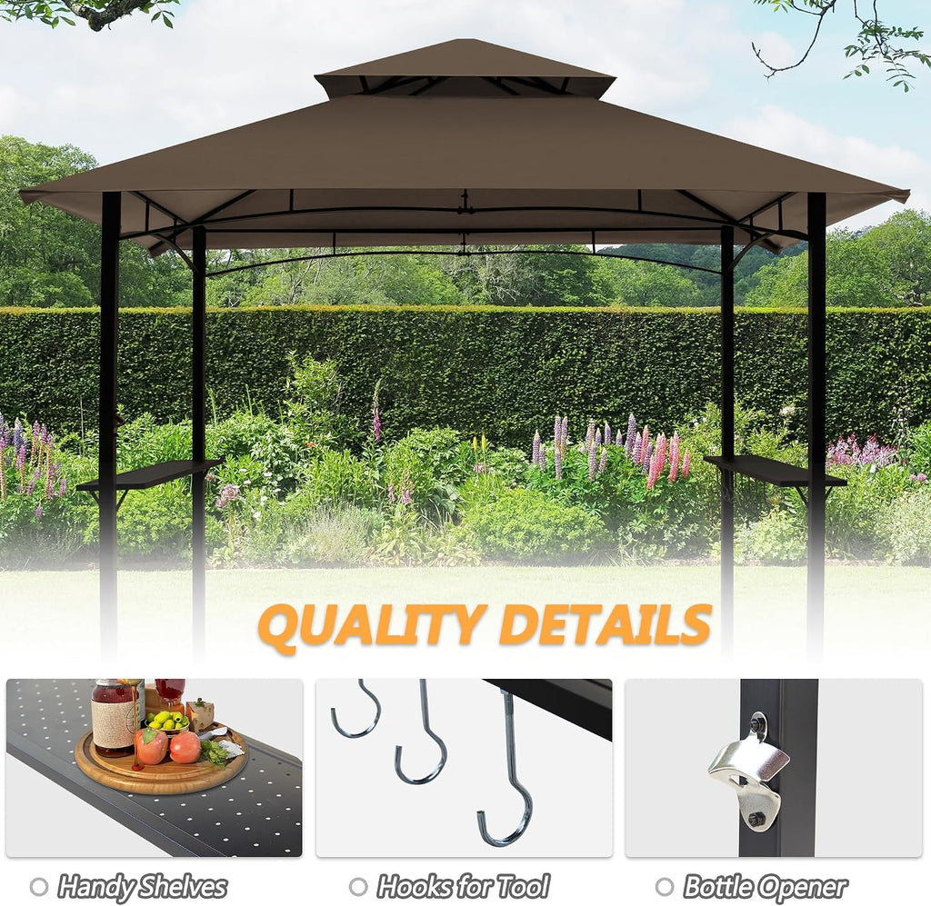 8'x 5' Grill Gazebo Canopy, Outdoor BBQ Gazebo with Led Light, Barbeque Gazebos Shelter for Patio (Brown)