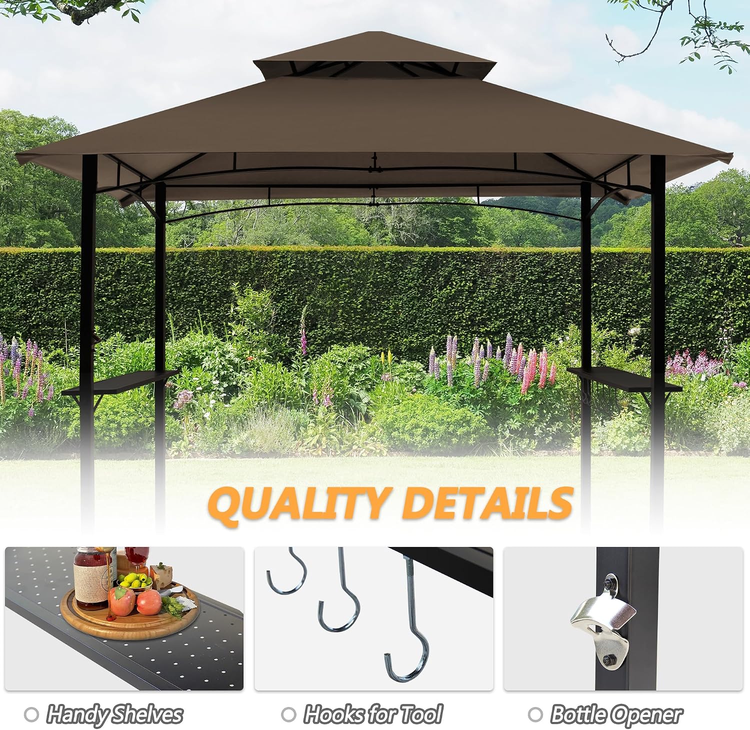 8'x 5' Grill Gazebo Canopy, Outdoor BBQ Gazebo with Led Light, Barbeque Gazebos Shelter for Patio (Brown)