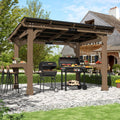 MUPATER 8' x 10' Hardtop Grill Gazebo with 2 Side Shelves, Cedar Wood BBQ Gazebo for Outdoor Grill, Permanent Wooden Shelter with Sloped Steel Roof for Barbecue, Backyard, Patio and Deck, Brown
