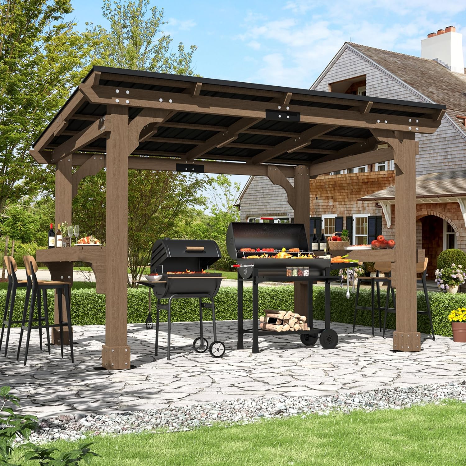 MUPATER 8' x 10' Hardtop Grill Gazebo with 2 Side Shelves, Cedar Wood BBQ Gazebo for Outdoor Grill, Permanent Wooden Shelter with Sloped Steel Roof for Barbecue, Backyard, Patio and Deck, Brown