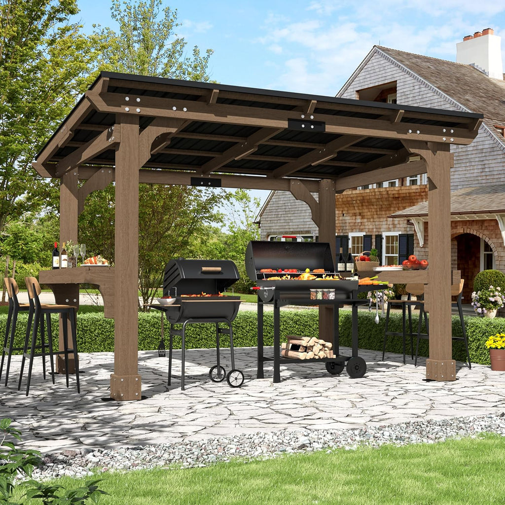 BlueWish 8' x10' Outdoor Grill Gazebo, Wood BBQ Grill Gazebo with Metal Sloping Roof, Heavy Duty Wind-Resistant Patio Gazebo with Shelves for Barbecue, Backyard, Garden, Light Mocha Brown