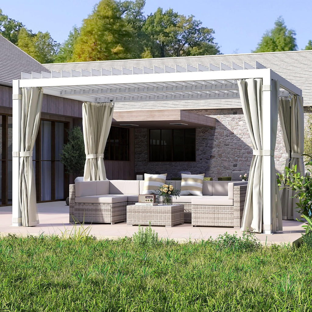 Outsunny 10' x 13' Louvered Pergola Hardtop Gazebo with Adjustable Aluminum Roof and Frame, Outdoor Pergola with Curtains and Netting, for Garden, Lawn, Backyard, and Deck, Cream White