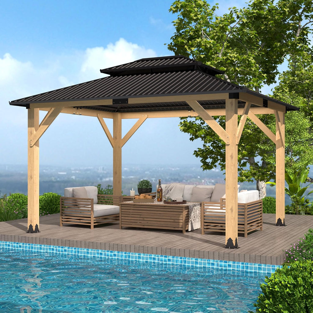 10'x12' Outdoor Wooden Gazebo, Outdoor Patio Gazebos with Galvanized Steel Double Roof, Heavy-Duty Cedar Wood Gazebo for Garden, Lawn, Poolside, Backyard Dec (Wood, 10x12FT)