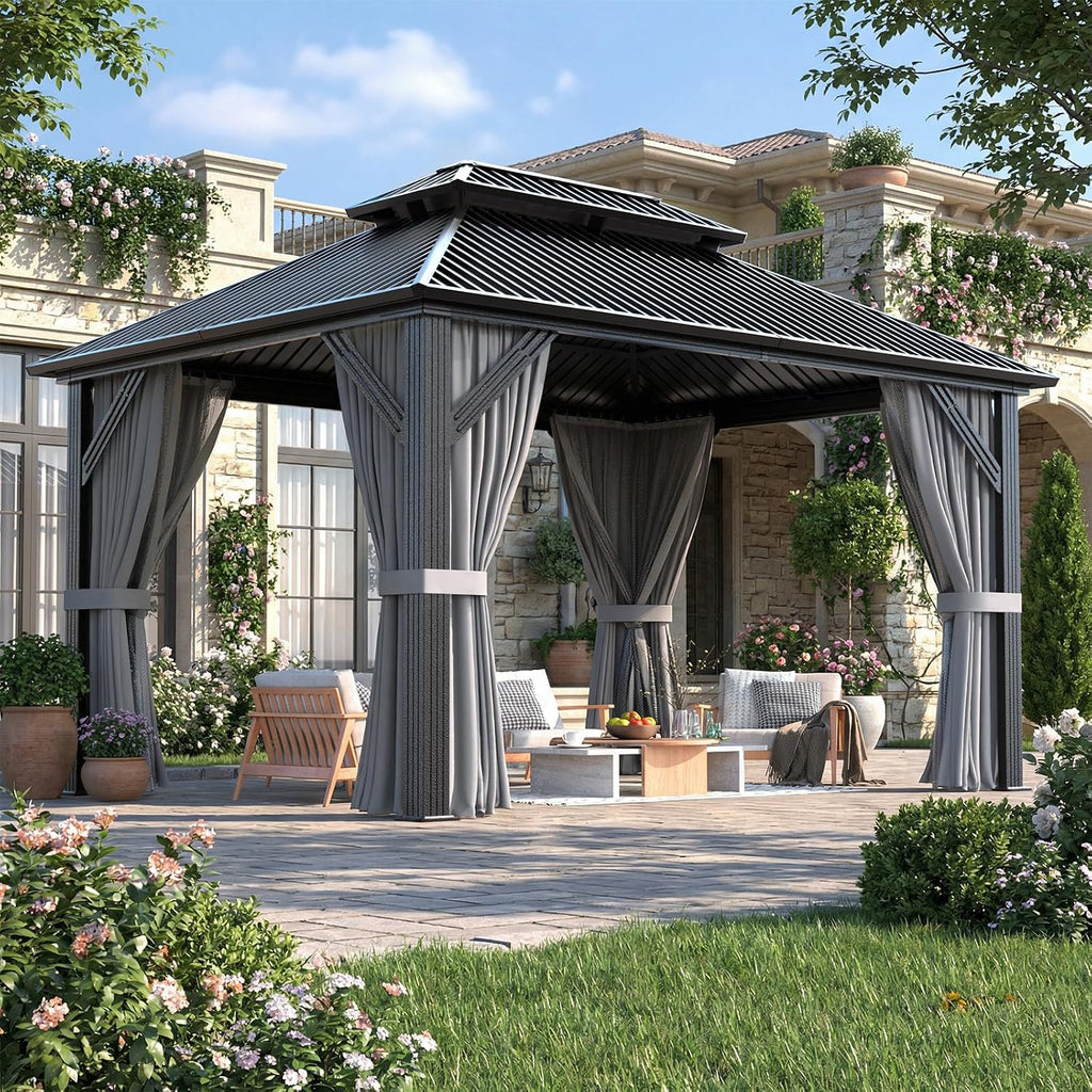 Polar Aurora 10'x12' Outdoor Gazebo Hardtop Grill Gazebo Aluminum Galvanized Steel Double Roof Outdoor Pergola Include Curtain and Netting for Backyard, Patio, Lawn