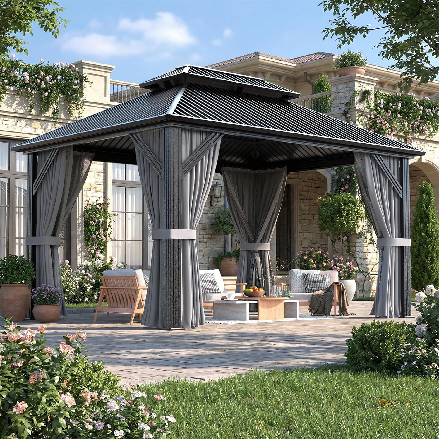 Polar Aurora 10'x12' Outdoor Gazebo Hardtop Grill Gazebo Aluminum Galvanized Steel Double Roof Outdoor Pergola Include Curtain and Netting for Backyard, Patio, Lawn