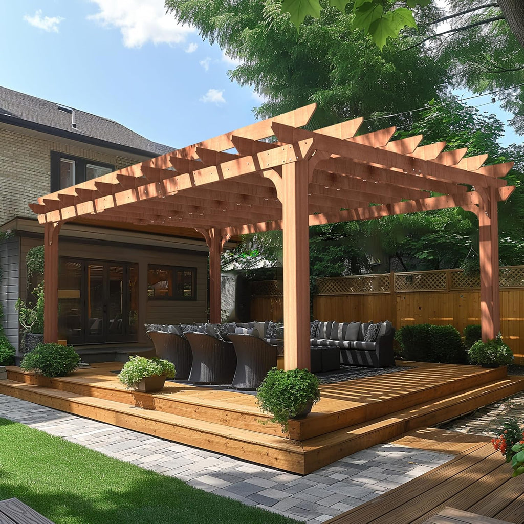 BlueWish 12'x16' Patio Pergola, Cedar Wood Pergola with Unparalleled Slatted Roof Trellis, Outdoor Pergolas Backyard Gazebo with Solid Structure for Deck Grill Party Garden