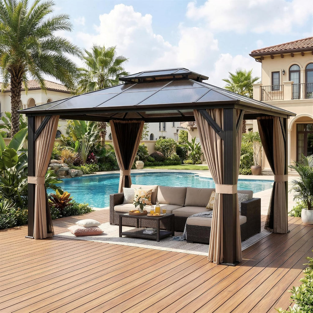Polar Aurora 10'x12' Gazebo, Outdoor Hardtop Grill Gazebo with Aluminum Frame & Double Polycarbonate Roof 12x10 FT Pergola Include Curtain and Netting for Backyard, Patio, Lawn