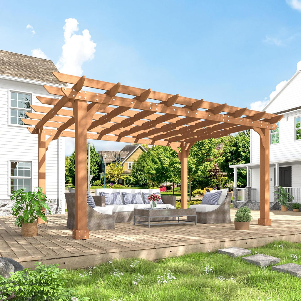 BlueWish 10'x14' Pergola, Solid Cedar Wood Gazebo Backyard Gazebo Pergola Kits with Slatted Roof Trellis & Stakes for Deck Yard Grill Party Garden