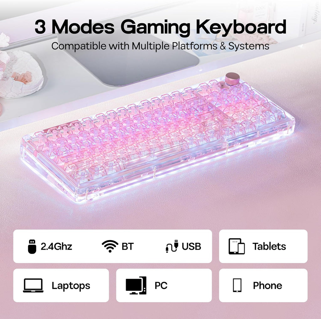 KiiBoom Phantom 98 Crystal Mechanical Gaming Keyboard, Transparent Keyboard with RGB Backlits, Hot-Swappable, Shine Through Clear Keycaps, 3 Modes Wireless, 8000mAh Battery, NKRO for Win/Mac (Pink)