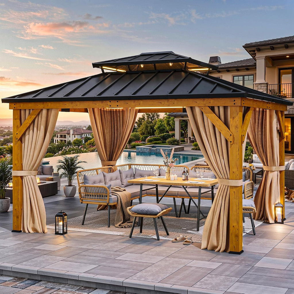 YITAHOME 11x13ft Wood Gazebo Outdoor Wooden Frame Double Roof Hardtop Galvanized Steel Top Canopy w/Curtain and Netting, Patio Heavy Duty Gazebo for Deck, Backyard, Beige Yellow