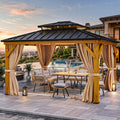YITAHOME 11x13ft Wood Gazebo Outdoor Wooden Frame Double Roof Hardtop Galvanized Steel Top Canopy w/Curtain and Netting, Patio Heavy Duty Gazebo for Deck, Backyard, Beige Yellow